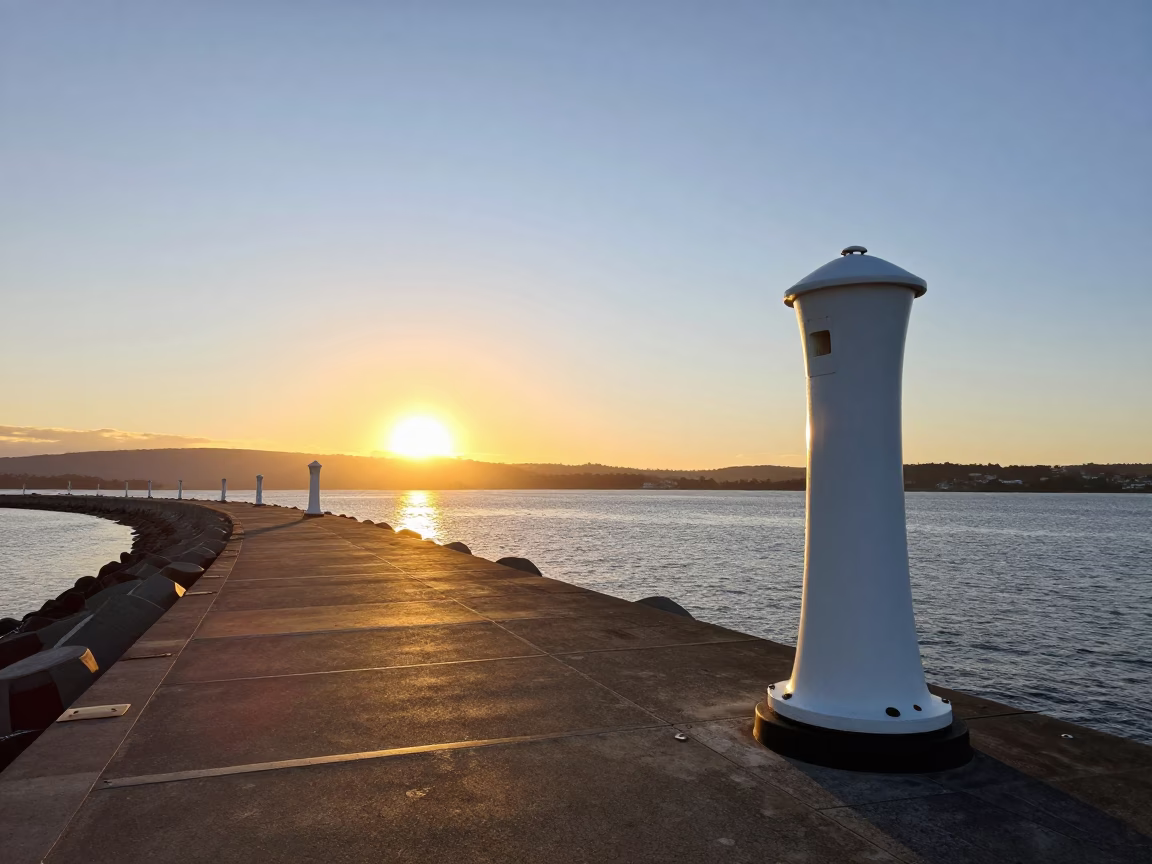 Golden Hour View of Hobart Waterfront Breakwater and Warning Beacons at Sunset in in Hobart, Tasmania, Australia