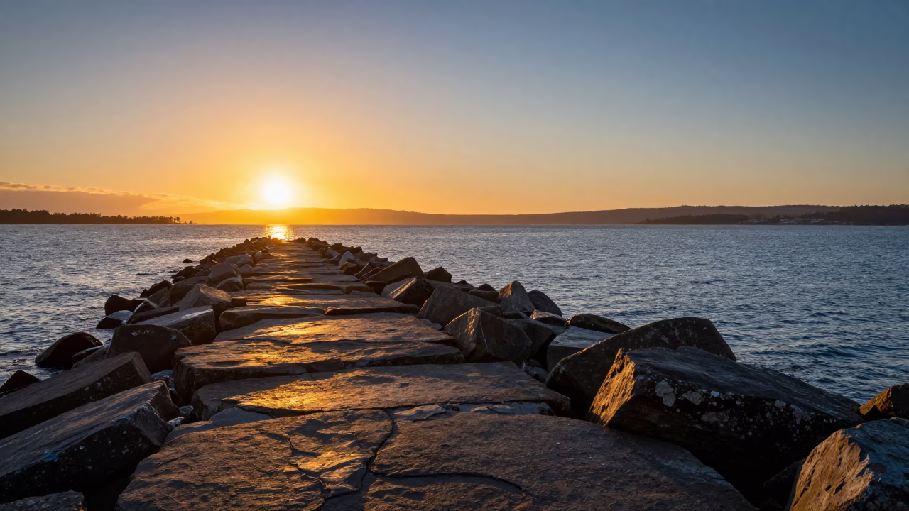 Golden Hour View of Hobart Waterfront with Breakwater and Fading Blue Sky in in Hobart, Tasmania, Australia