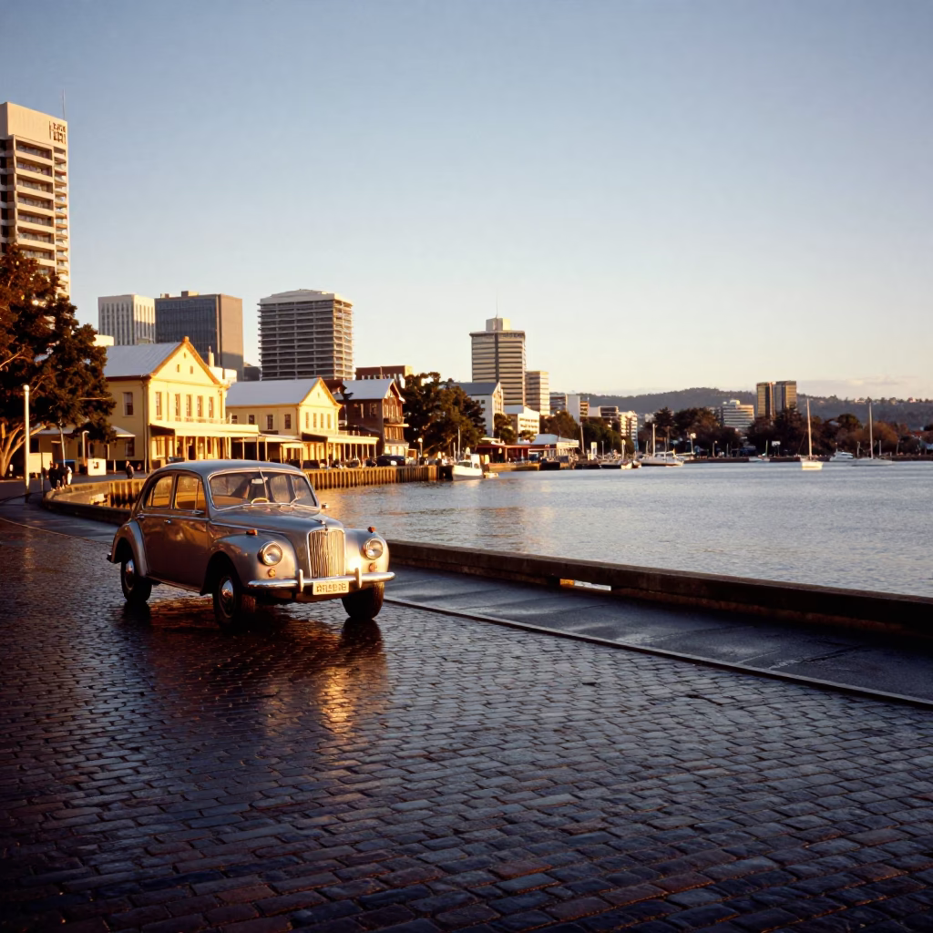 Golden Hour View of Hobart Waterfront with Vintage Car and Cobblestone Street in in Hobart, Tasmania, Australia