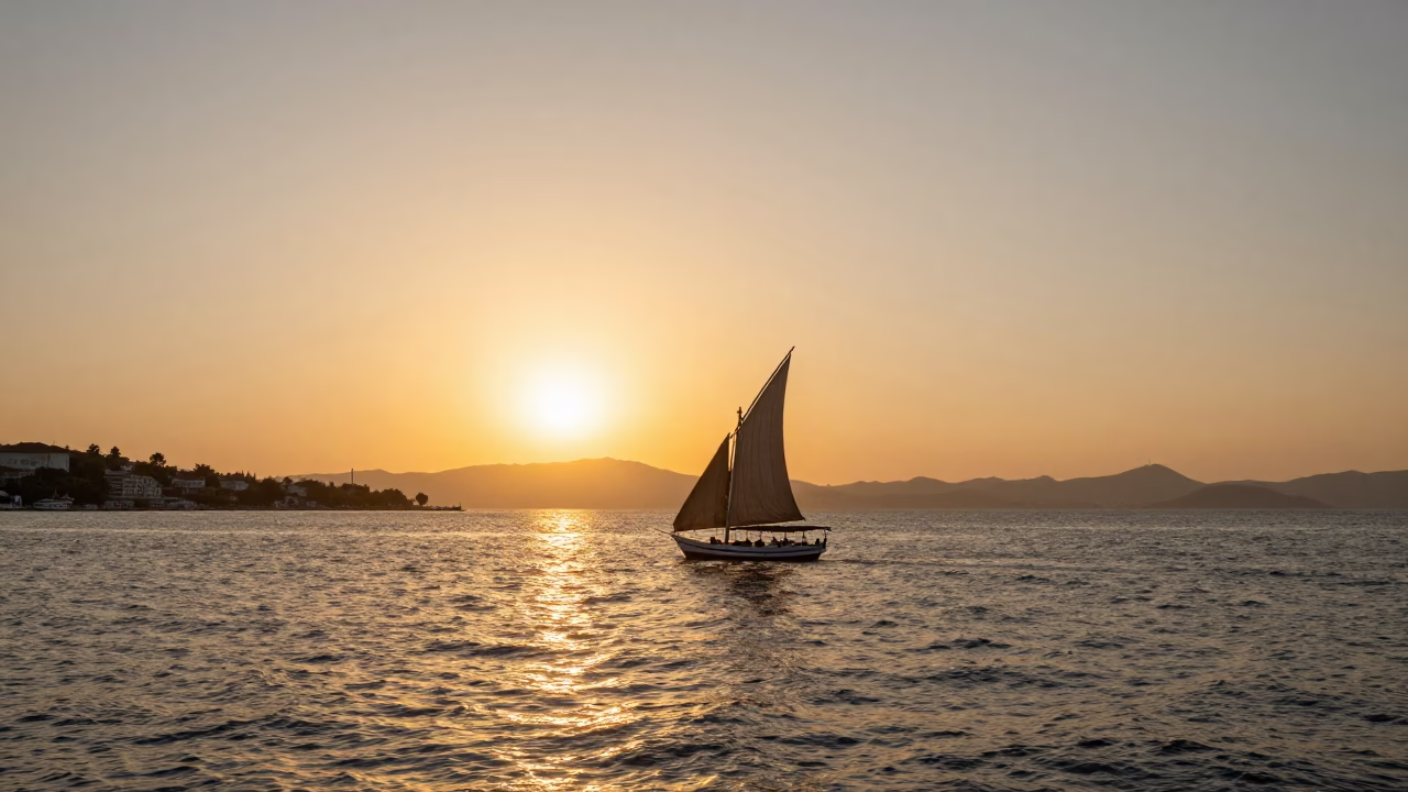 Golden Hour View of Izmir Bay with Traditional Dhow Silhouette Against Sunset in in Izmir, Turkey