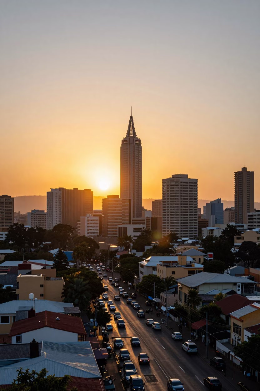 Golden Hour View of Johannesburg Hillbrow Tower and Busy Urban Traffic at Sunset in in Johannesburg, South Africa
