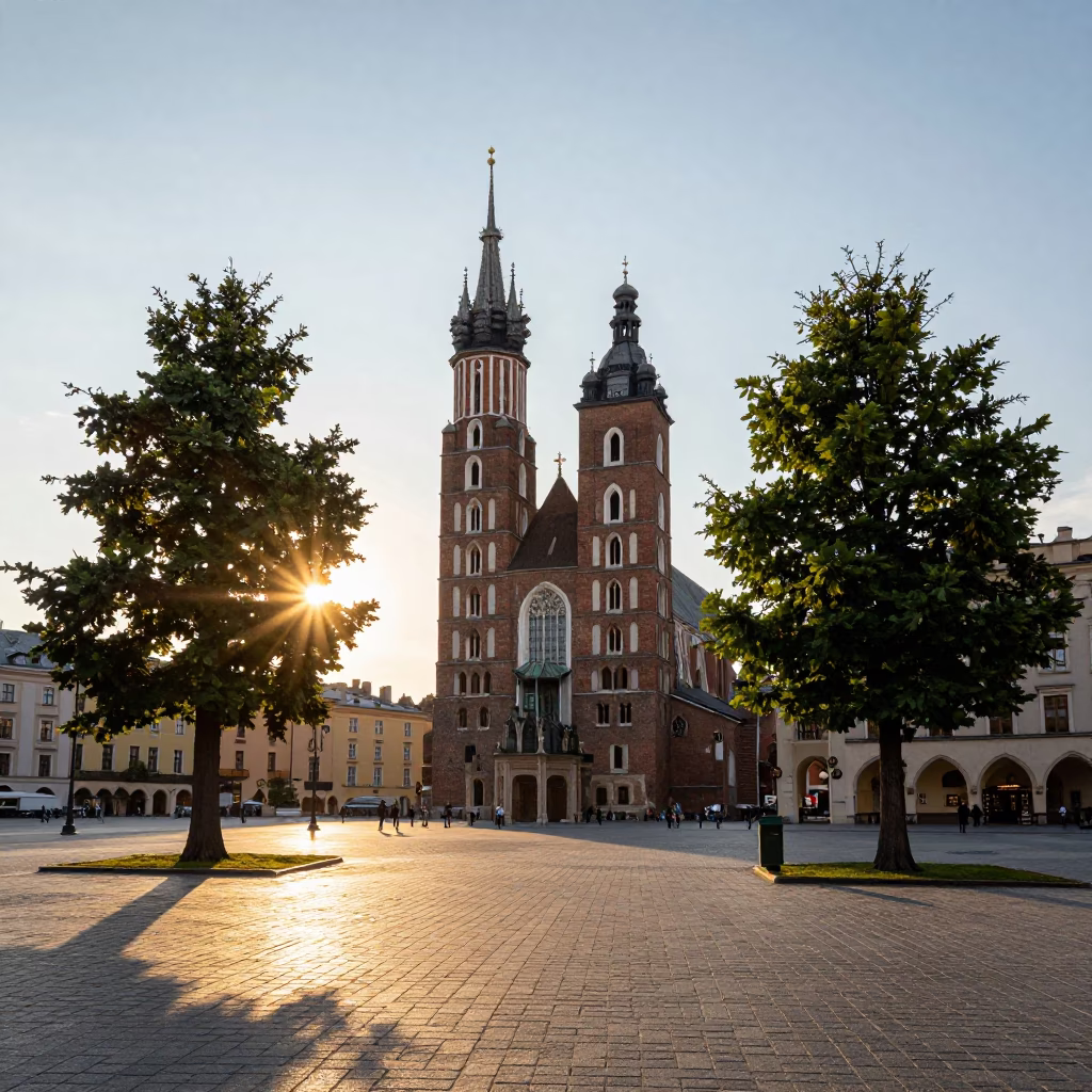 Golden Hour View of Krakow Main Market Square with Cedar Trees and Historic Architecture in in Krakow, Poland