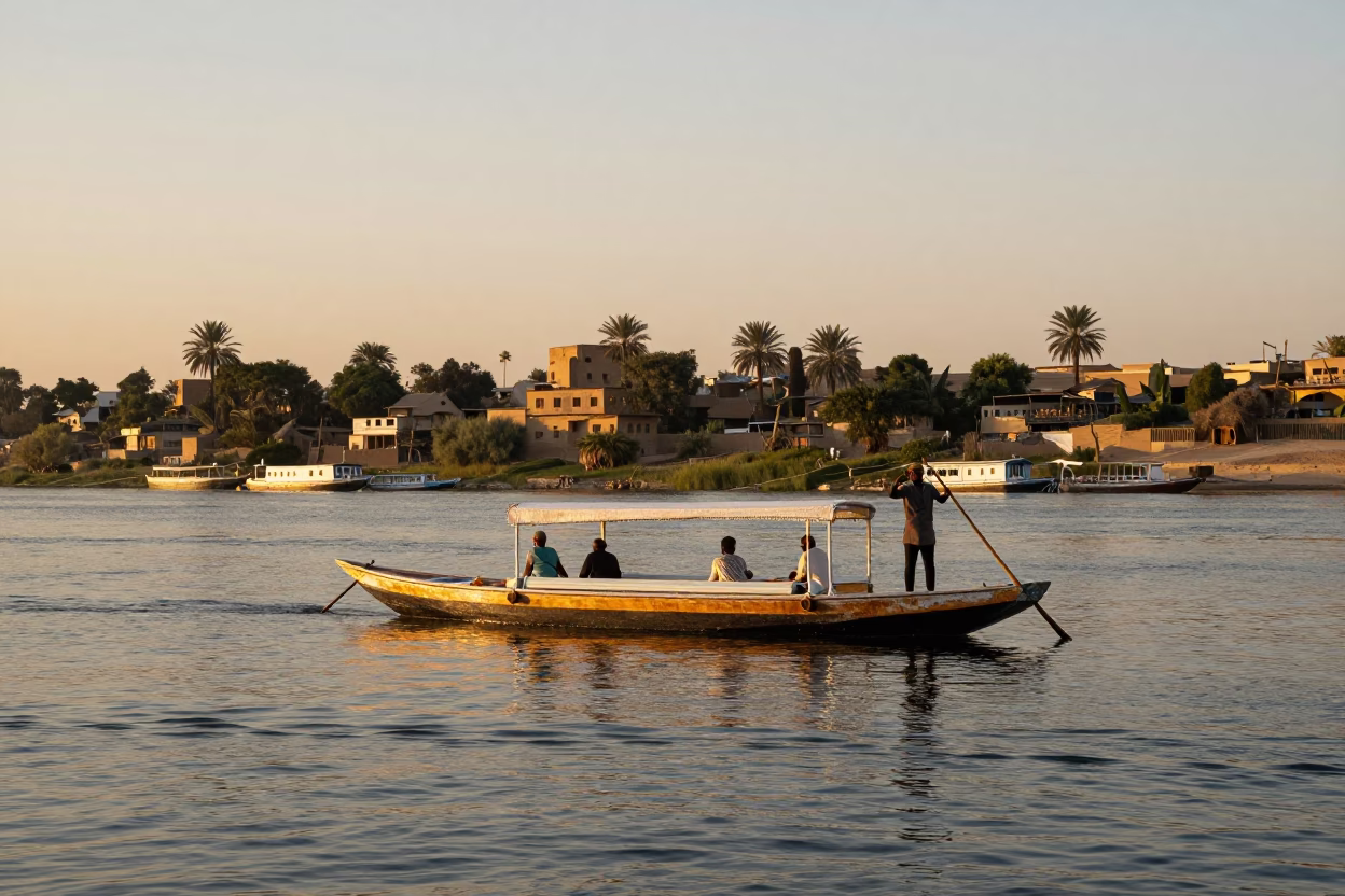 Golden Hour View of Luxor Nile Punt and Traditional Boats Along Ancient Riverbank in in Luxor, Egypt