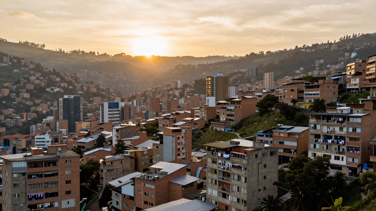 Golden hour view of Medellin Colombia cityscape and urban landscape before sunset in in Medellin, Colombia