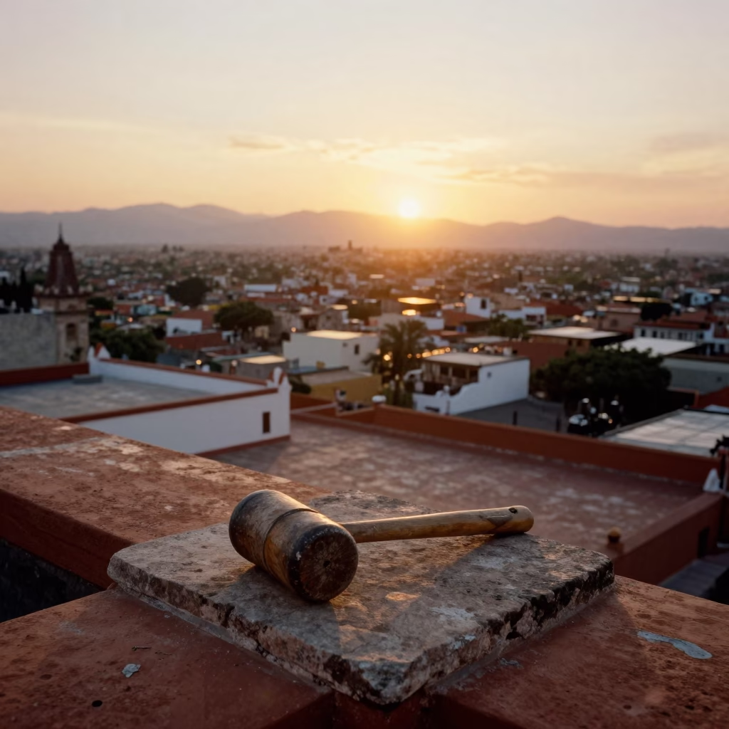 Golden Hour View of Oaxaca City Rooftops and Terracotta Tiles at Dusk in in Oaxaca, Mexico