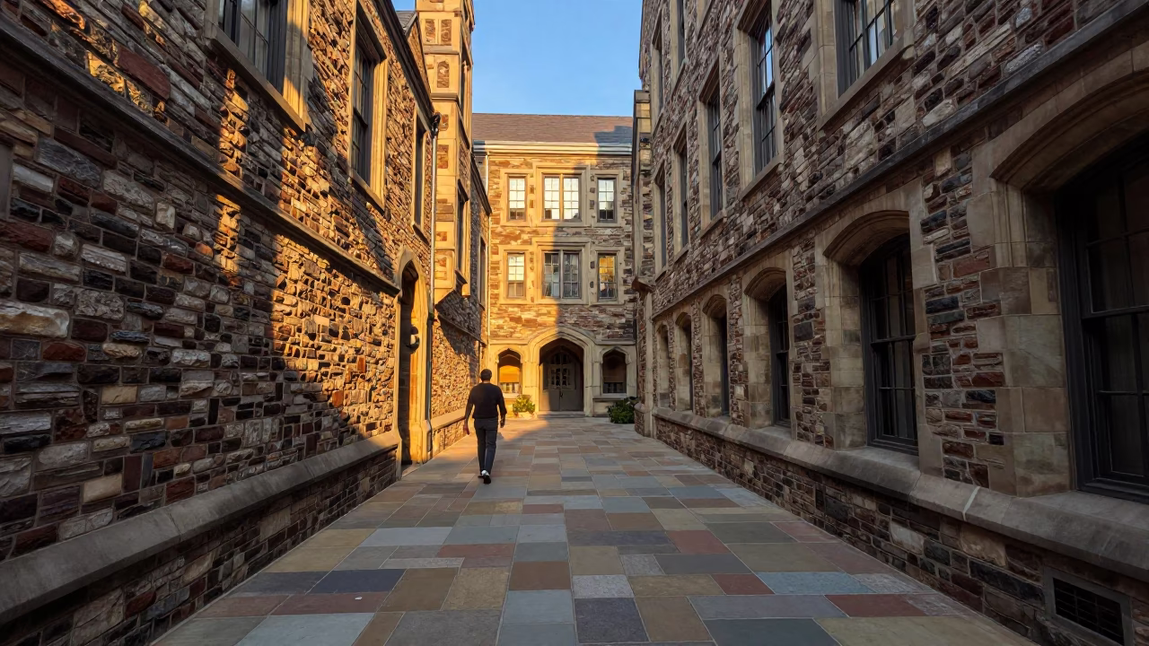 Golden Hour View of Philadelphia University Cloister Walkway Between Old Stone Buildings in in Philadelphia, Pennsylvania, United States