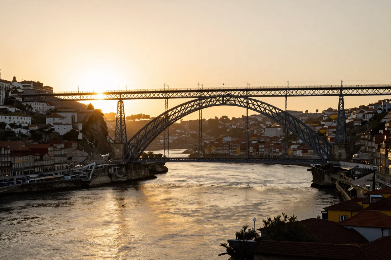 Golden Hour View of Porto Portugal Douro River and Dom Luis Bridge in in Porto, Portugal