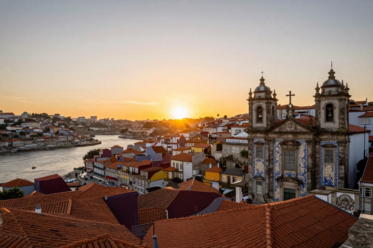 Golden Hour View of Porto Portugal Historic District and Douro River in in Porto, Portugal