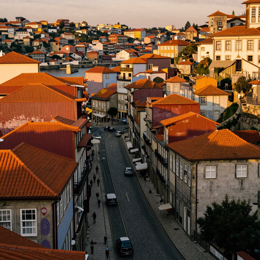 Golden Hour View of Porto Portugal Historic District and Riverfront Architecture in in Porto, Portugal