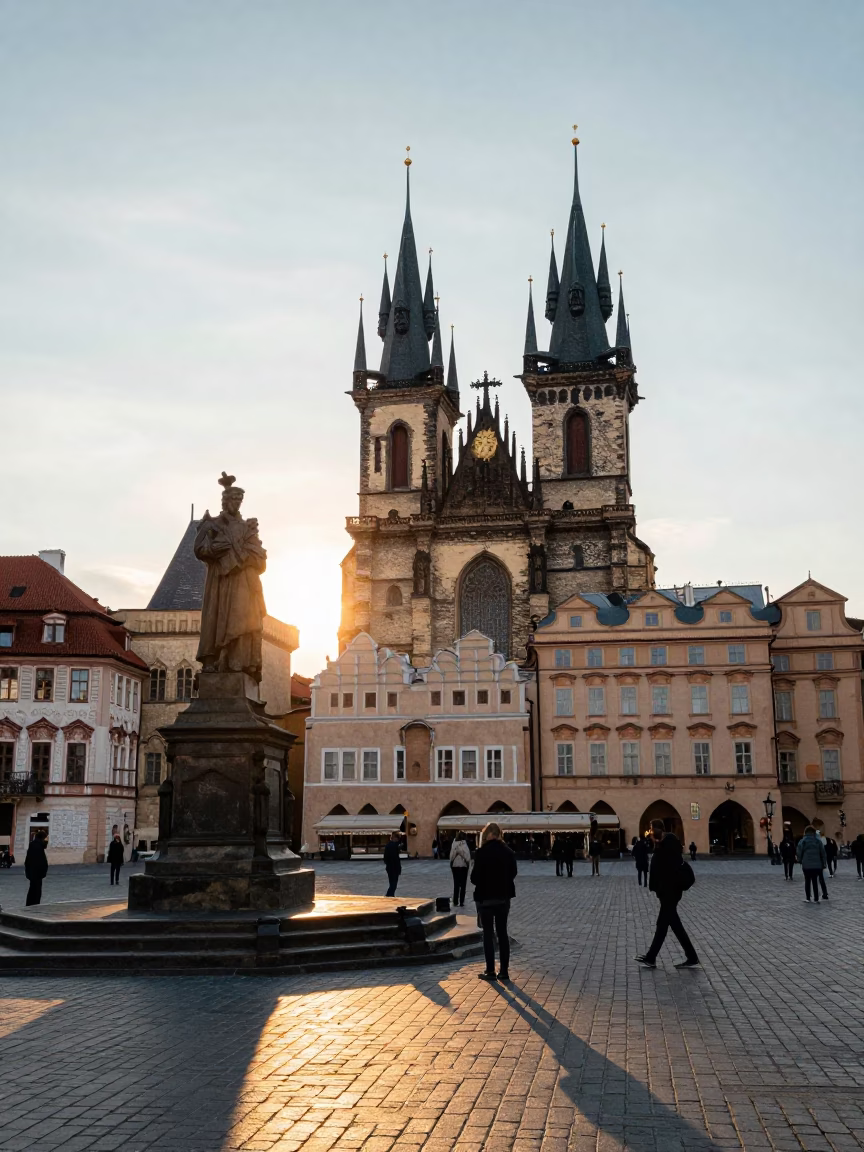 Golden Hour View of Prague Old Town Square with Historic Architecture and Cobblestone Streets in in Prague, Czech Republic