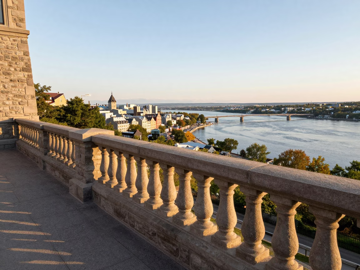 Golden Hour View of Quebec City Historic District and River from Stone Balcony in in Quebec City, Quebec, Canada