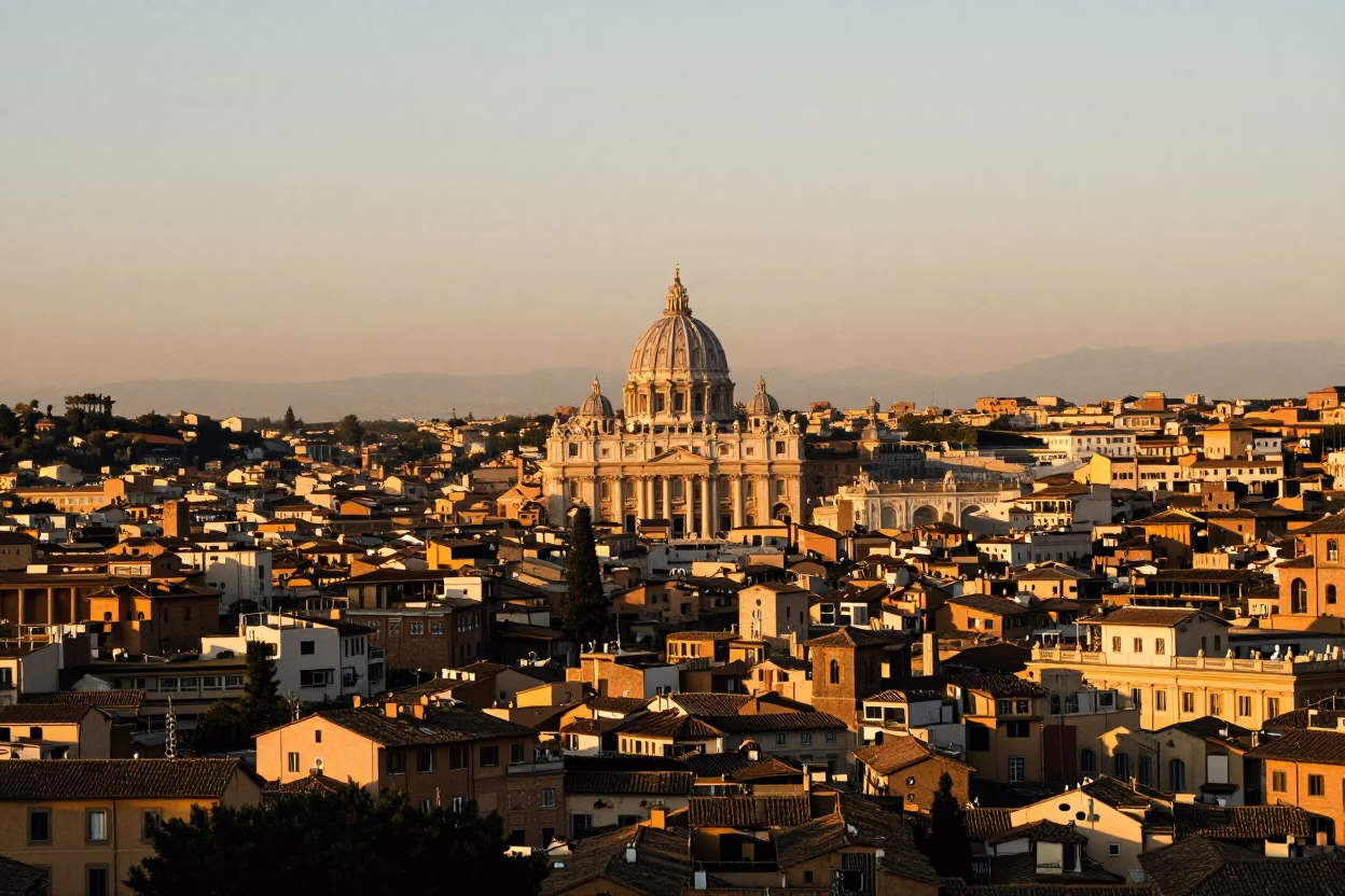 Golden Hour View of Rome Italy Historic Skyline and Rooftops Before Sunset in in Rome, Italy