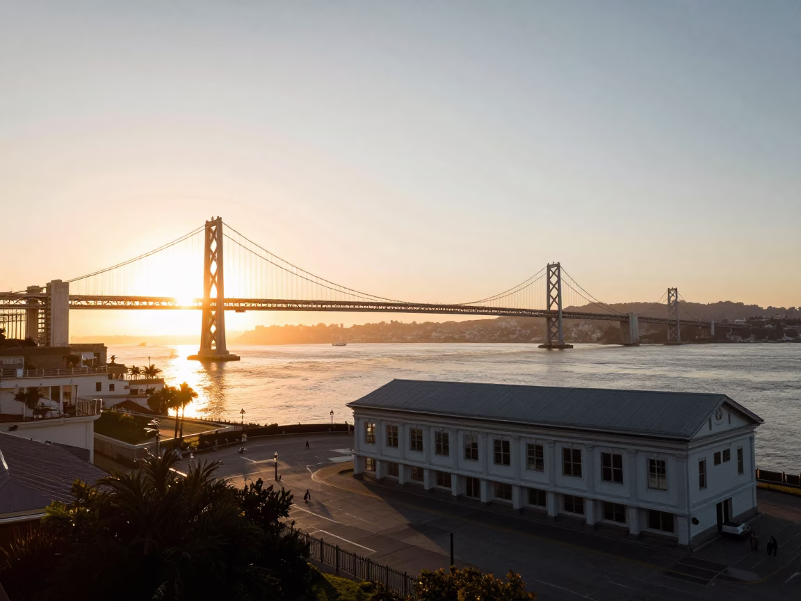 Golden Hour View of San Francisco Bay Bridge and Ferry Building from Pier 5 in in San Francisco, California, United States