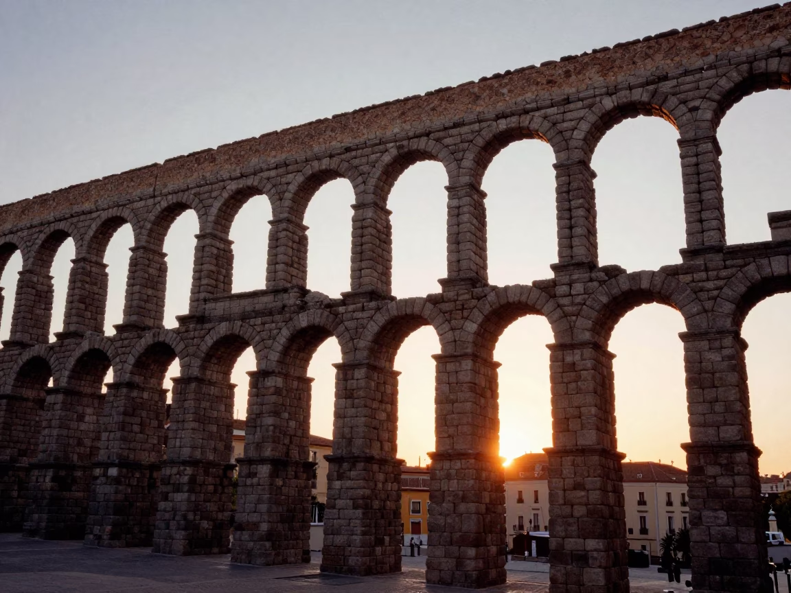 Golden Hour View of the Aqueduct of Segovia in Madrid Spain with Dusk Lighting in in Madrid, Spain