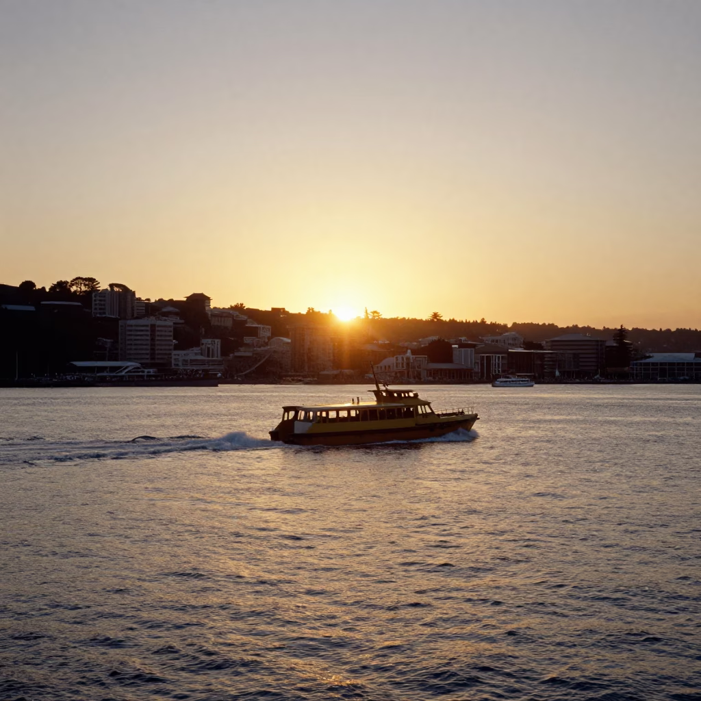 Golden hour view of Wellington waterfront with water taxi and harbor lights in in Wellington, New Zealand