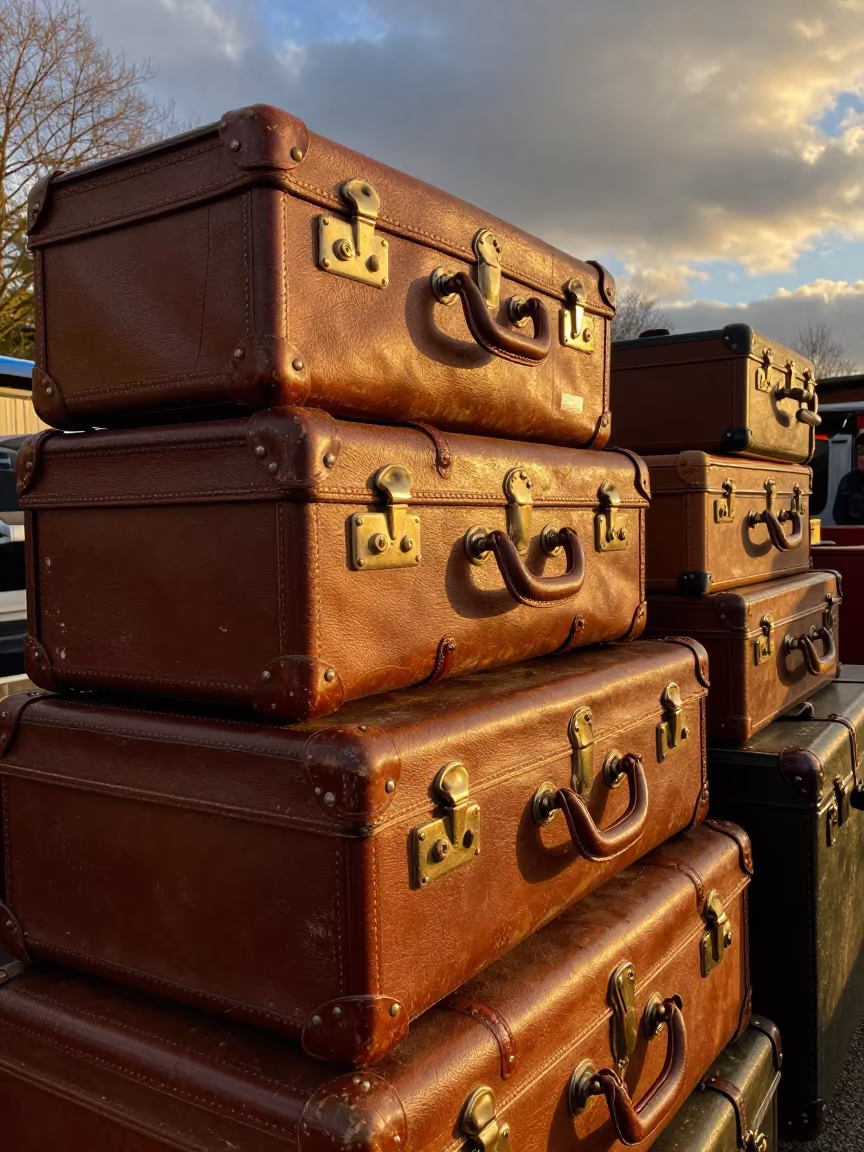 Golden Hour Vintage Suitcases at Gloucester Flea Market in in a flea market lane in Gloucester