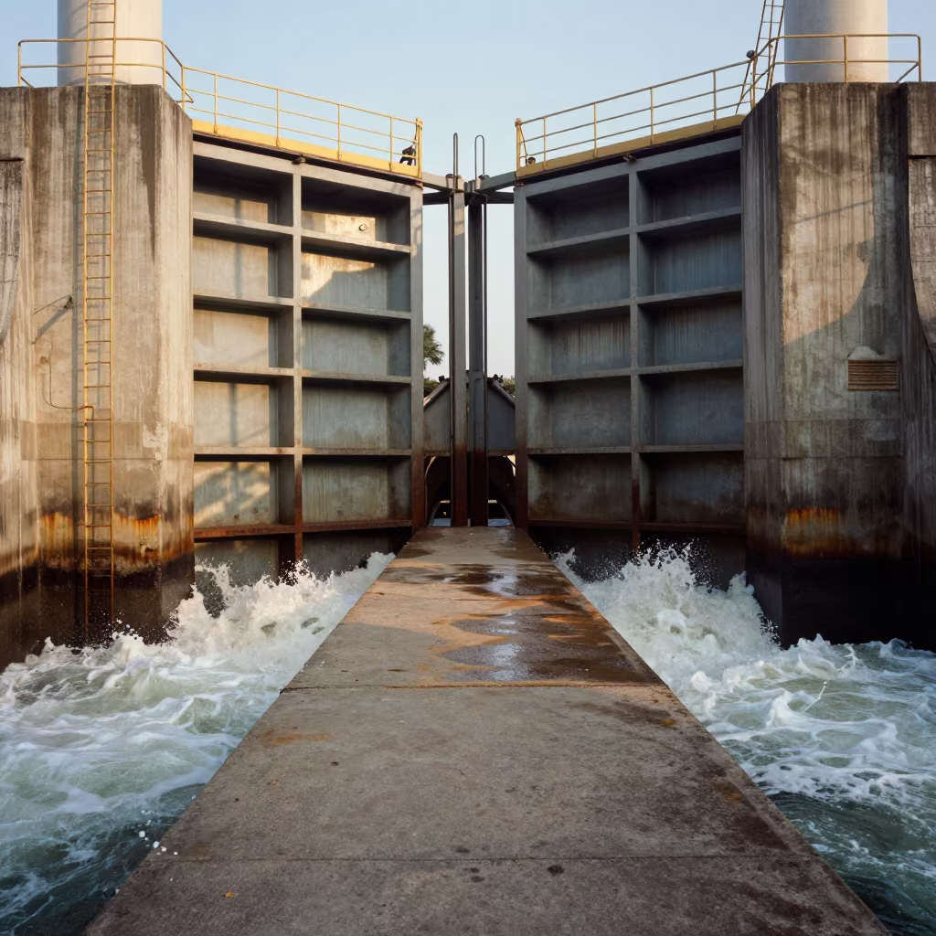 Golden Hour Walkway Over Steel Gates Burundi in beside a water tower ladder in Burundi