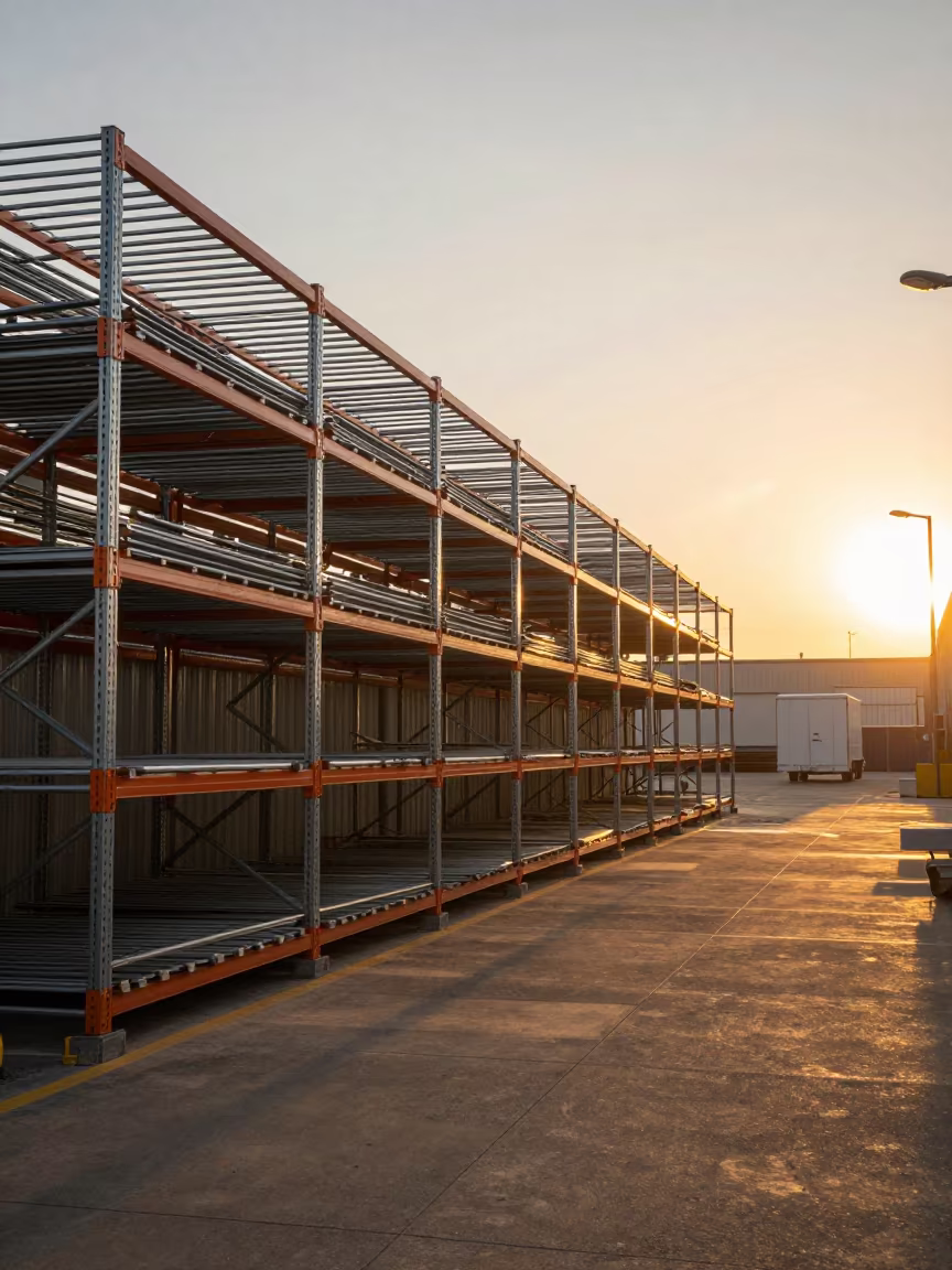 Golden Hour Warehouse Rack Before Trailer Arrival in inside a warehouse aisle near Dallas