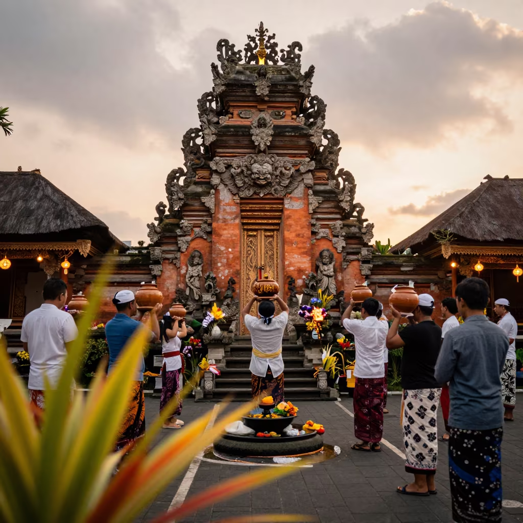Golden Hour Water Blessing at Balinese Shrine Jakarta in in a shrine lined with lanterns near Senopati, Jakarta