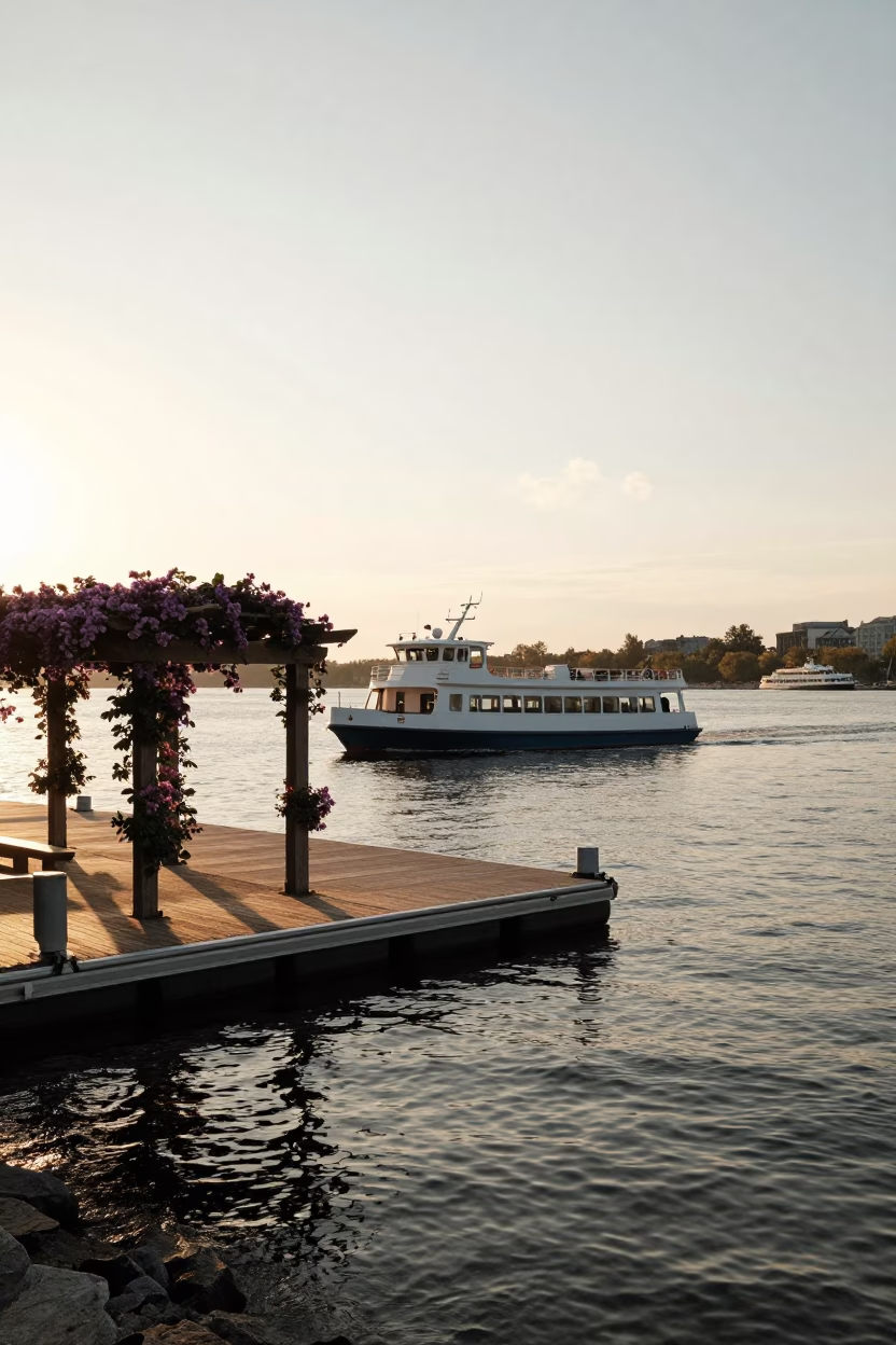 Golden Hour Water Taxi at Montreal Floating Dock with Purple Clematis Pergola in in Montreal, Quebec, Canada