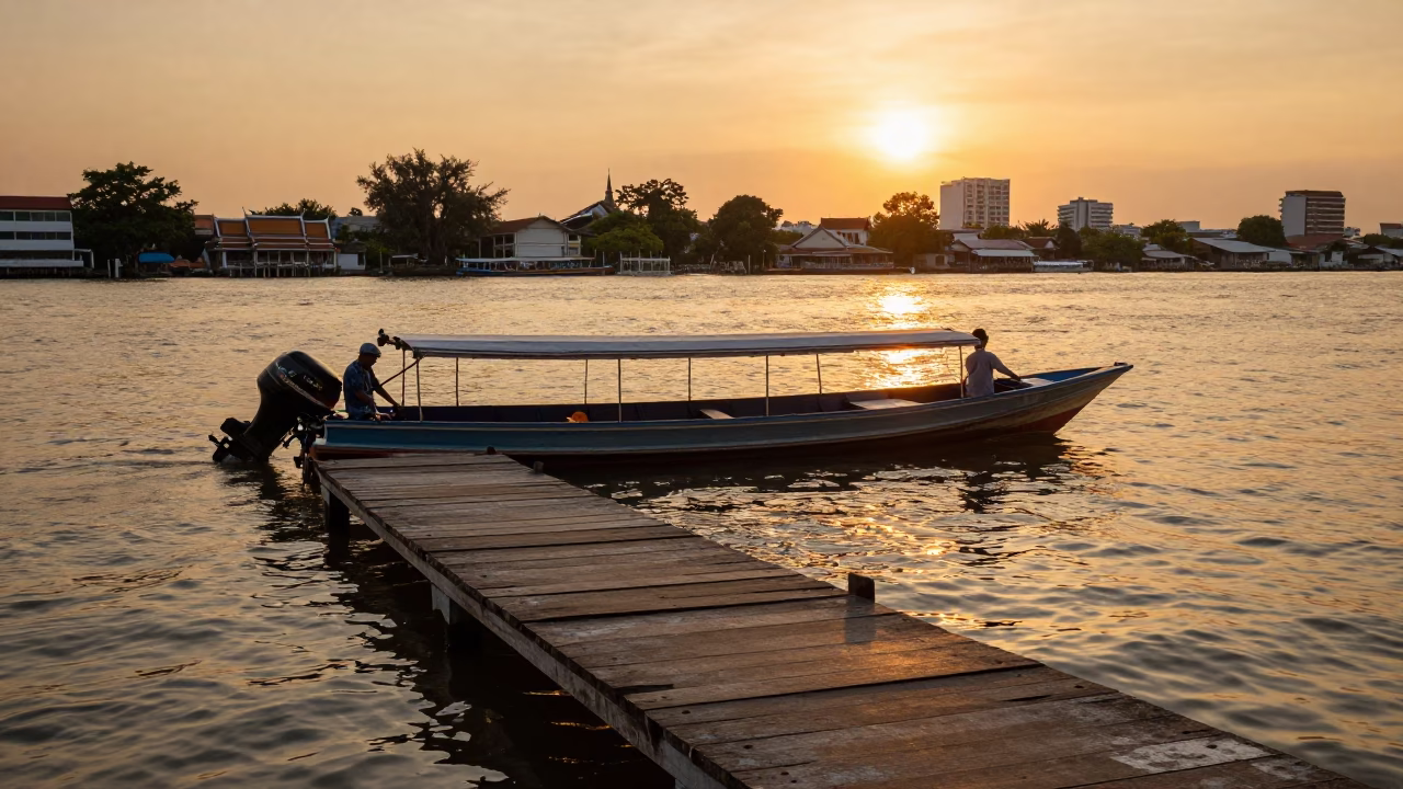 Golden Hour Water Taxi Dock Scene in Bangkok Thailand Sunset in in Bangkok, Thailand