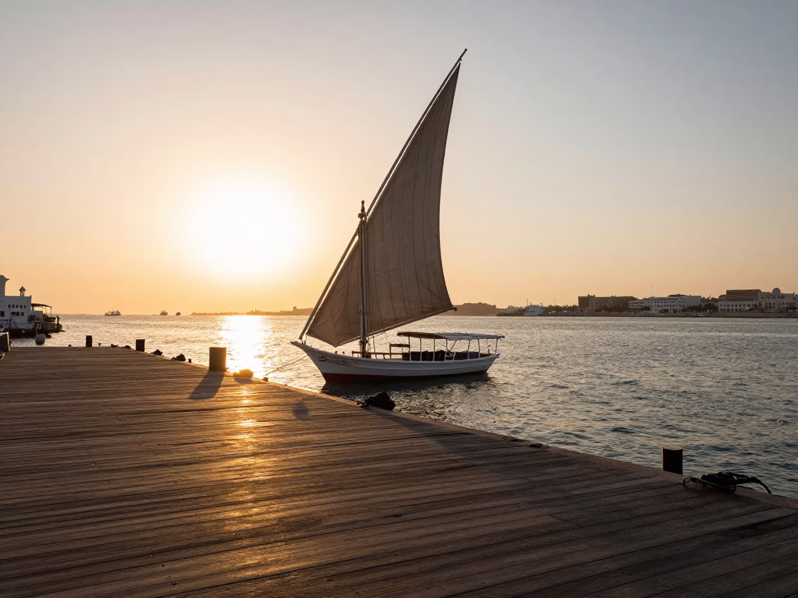 Golden Hour Water Taxi Dock Scene in Muscat Oman with Traditional Sailboat in in Muscat, Oman