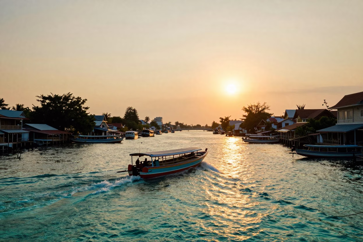 Golden Hour Water Taxi Navigating Busy Canals in Phuket Thailand in in Phuket, Thailand