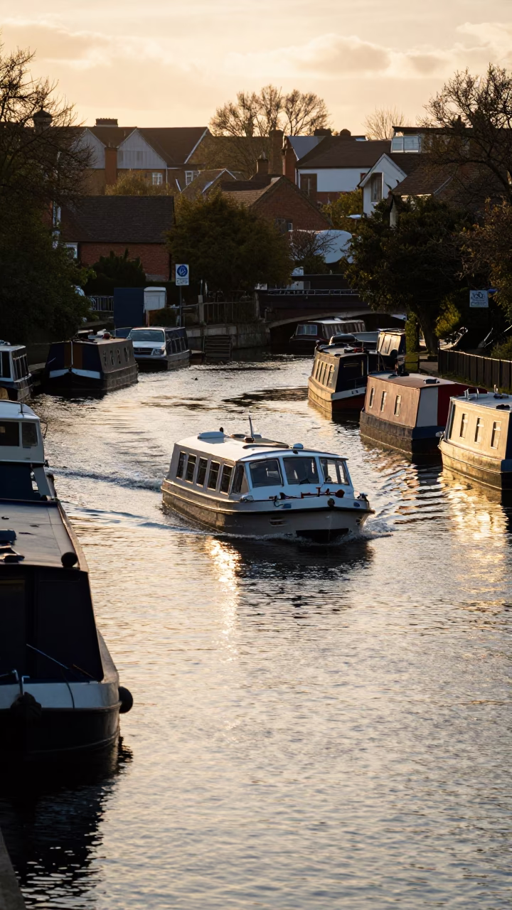 Golden Hour Water Taxi Zigzagging Through Bristol Harbour Canal Houseboats in in Bristol, United Kingdom