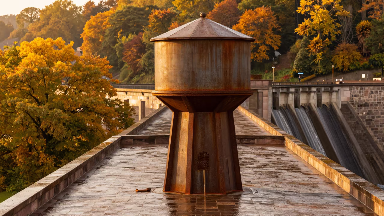 Golden Hour Water Tower on Alsace Rooftop in along a dam spillway in Alsace
