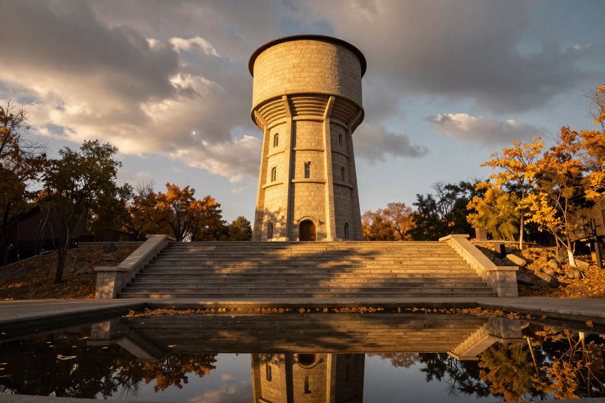 Golden Hour Water Tower Home Liaoning Staircase in at the base of a monumental staircase in Liaoning
