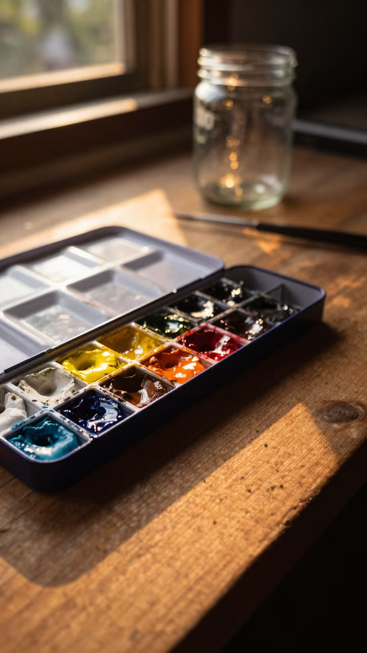Golden Hour Watercolor Paints on Wooden Bench in on a wooden workbench in Palakkad