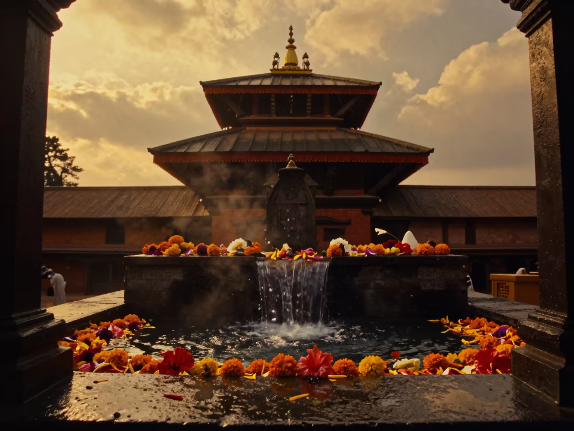 Golden Hour Waterfall Offerings Beneath Kathmandu Pagoda in beneath a pagoda roof in Kathmandu