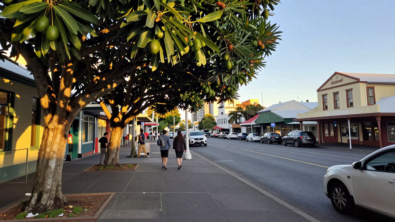 Golden Hour Wellington Harbor Street Scene with Avocado Tree and Vintage Car in in Wellington, New Zealand
