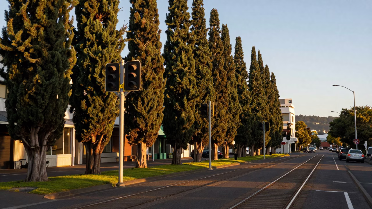 Golden Hour Wellington Street Scene with Cypress Trees and Signal Gantry in in Wellington, New Zealand