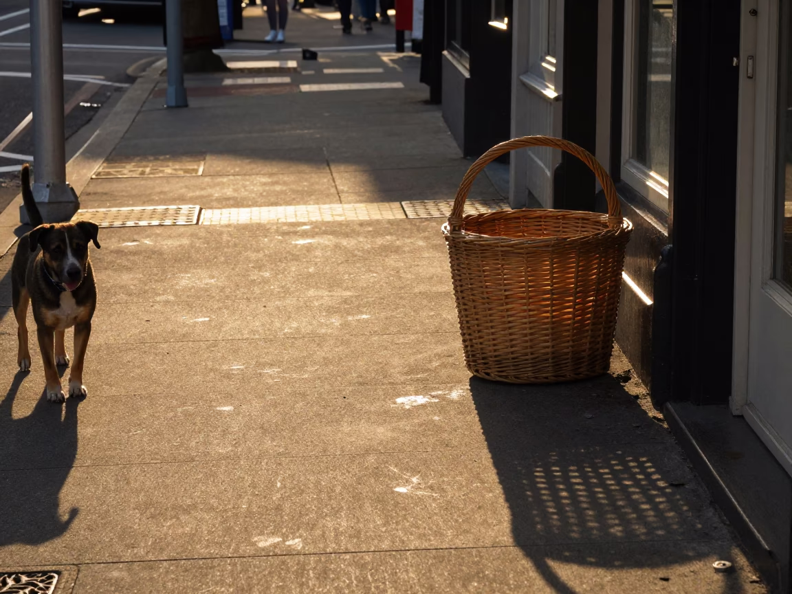 Golden Hour Wellington Street Scene with Wicker Shadow and Dog in in Wellington, New Zealand