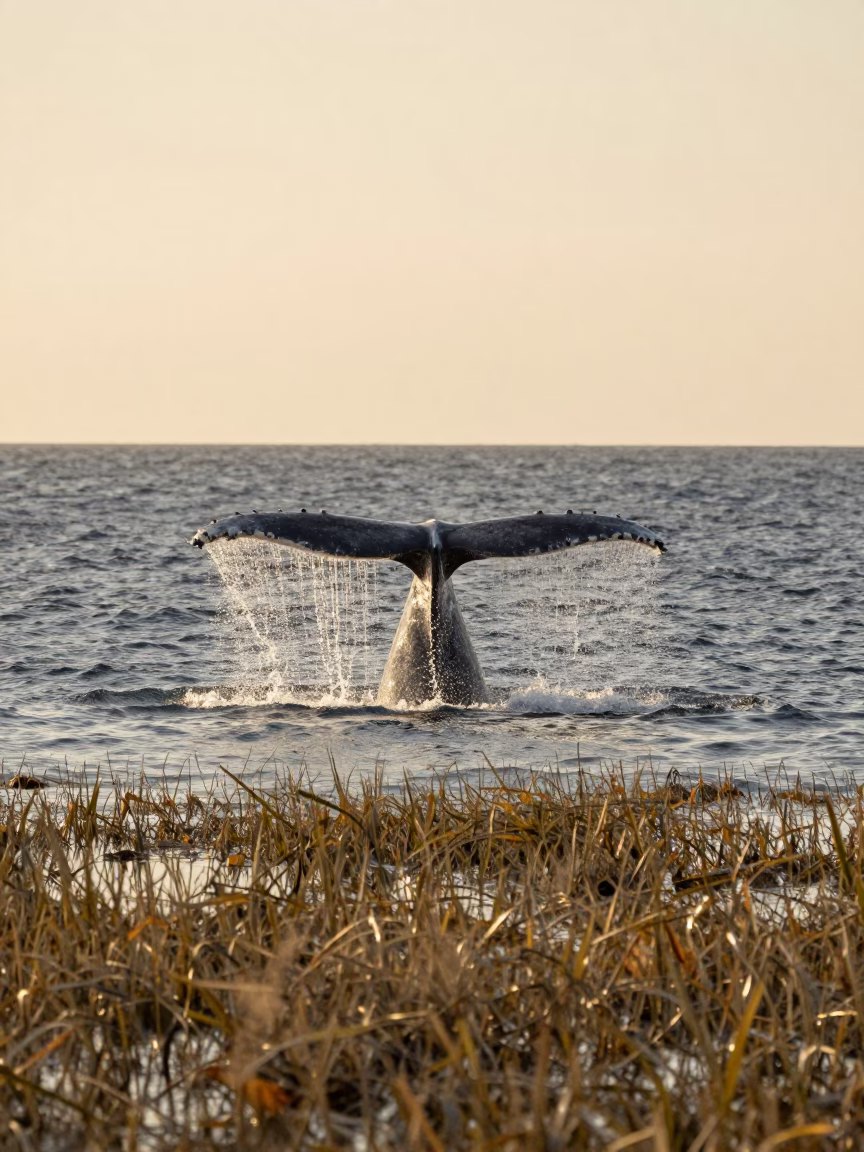 Golden Hour Whale Breaching Seagrass Spain in above a seagrass meadow in Spain