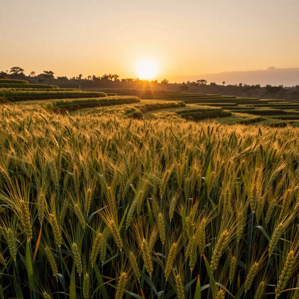 Golden Hour Wheat on Madagascar Terraces in among terraced garden plots in Madagascar