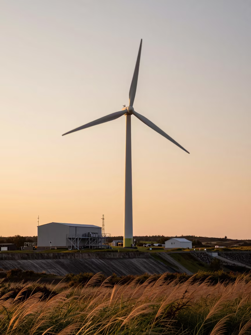 Golden Hour Wind Farm Substation Below Turning Blades in along a dam spillway in Newfoundland