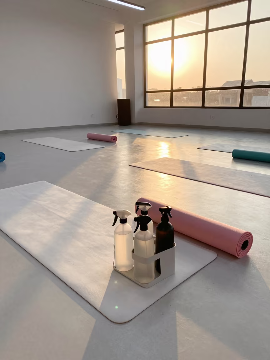 Golden Hour Yoga Studio Cleanup Mat Spray Bottle Caddy in inside a yoga studio before the session begins in Az Zubayr