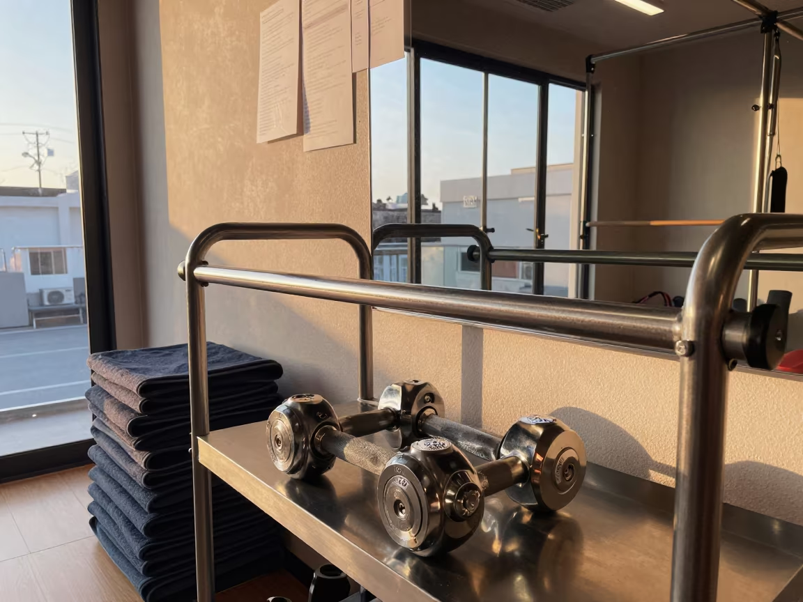 Golden Hour Yoga Studio Prop Cart Reset in inside a yoga studio before the session begins near Nagoya