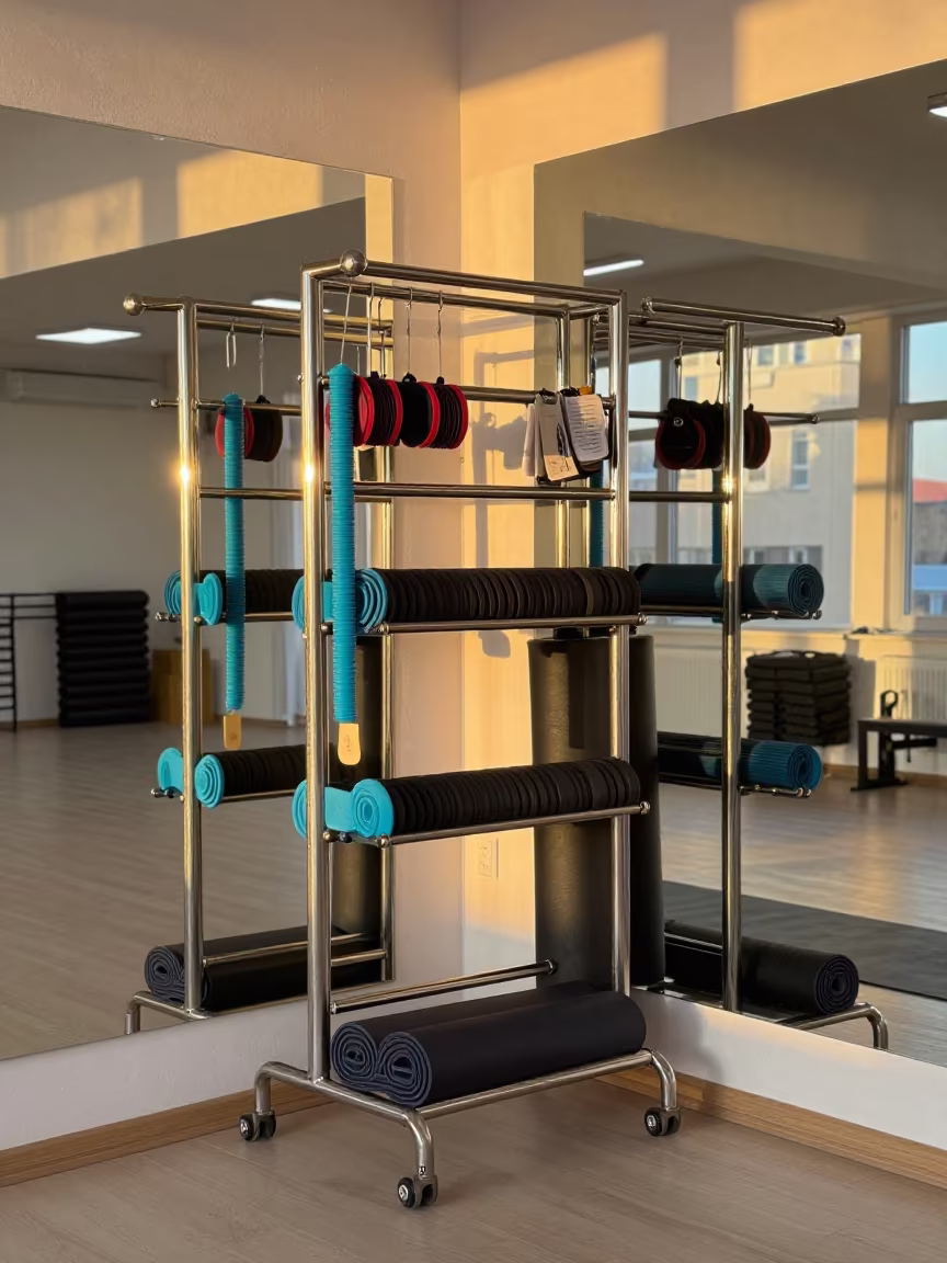 Golden Hour Yoga Studio Wash Rack in inside a yoga studio before the session begins in Maykop