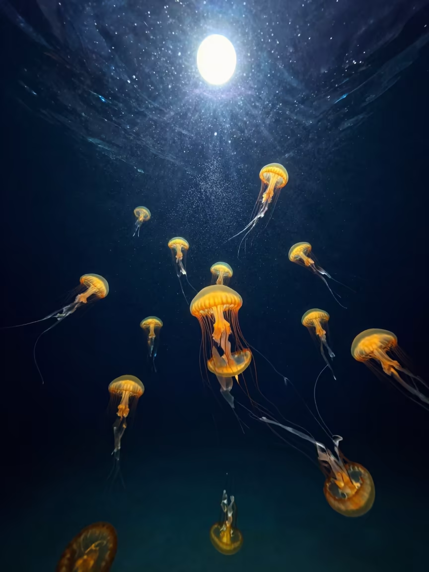 Golden Jellyfish in Catalonian Marine Lake Night in in Catalonia