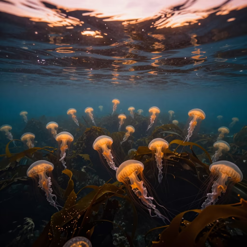 Golden Jellyfish in Icelandic Winter Lake in along a kelp-fringed shelf in Iceland