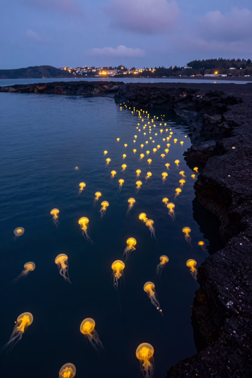 Golden Jellyfish Lake Twilight Glow in beside a volcanic drop-off in California