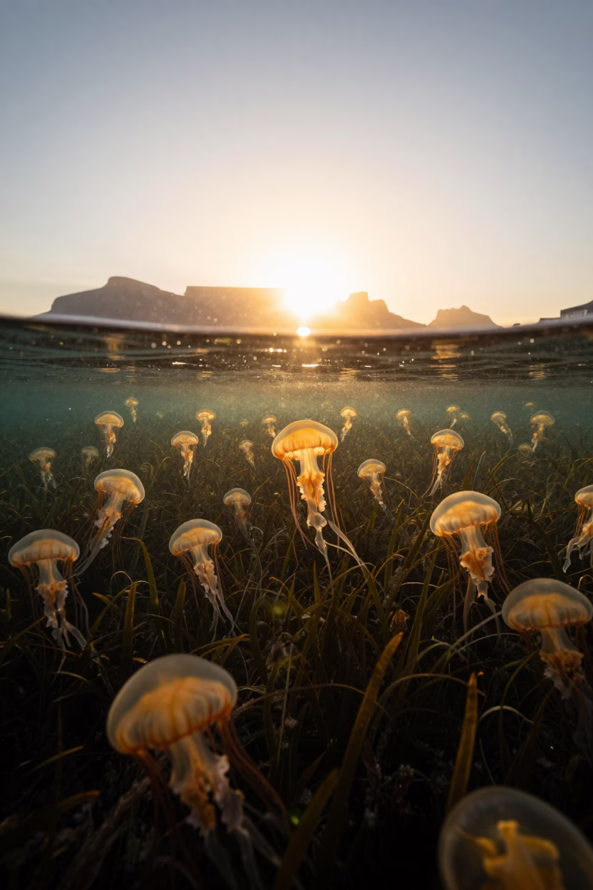 Golden Jellyfish Silhouette Over Seagrass at Sunset in above a seagrass meadow near V&A Waterfront, Cape Town