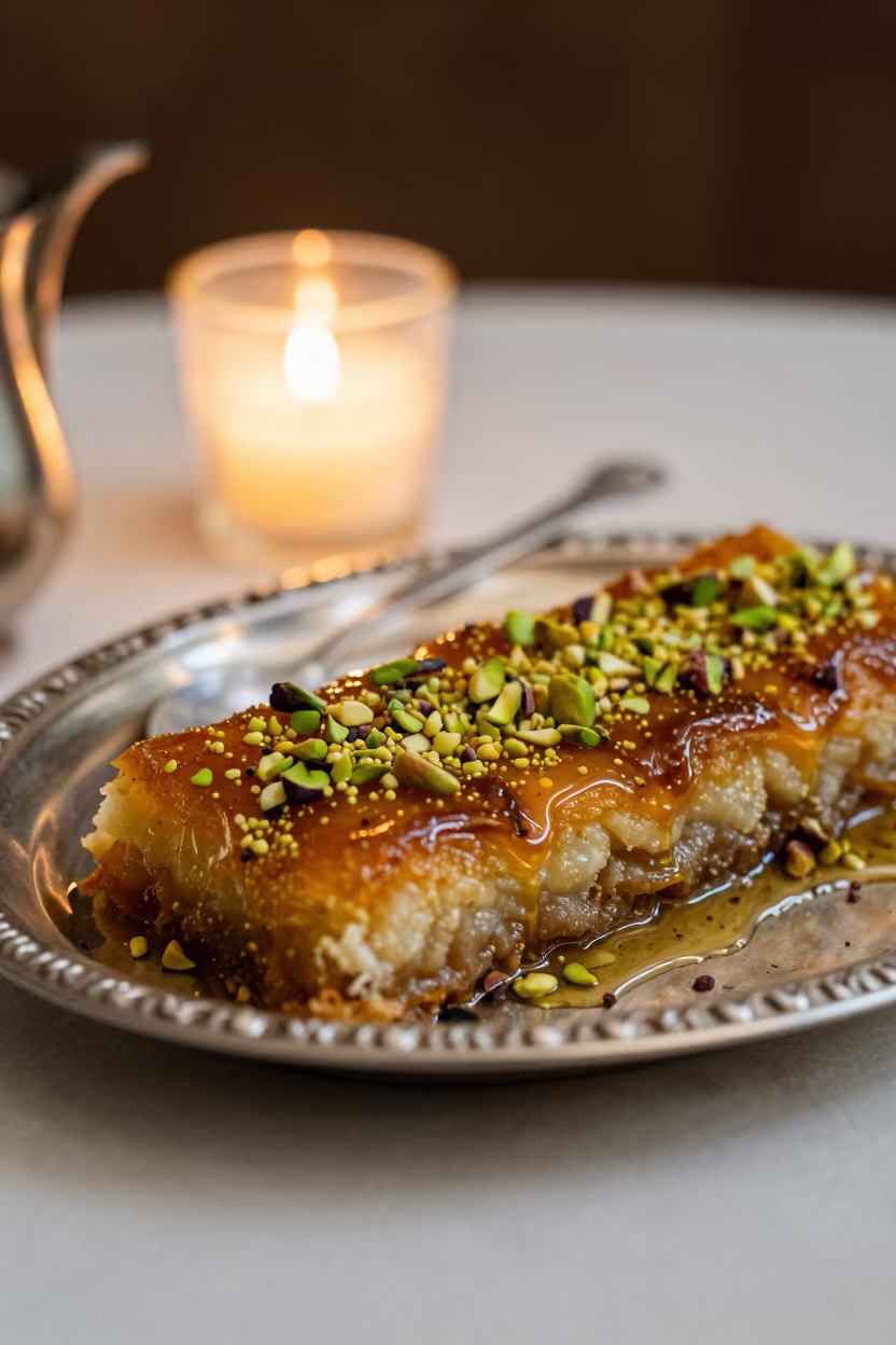 Golden Knafeh with Pistachios on Amman Tea Tray in on a tea house tray in Amman