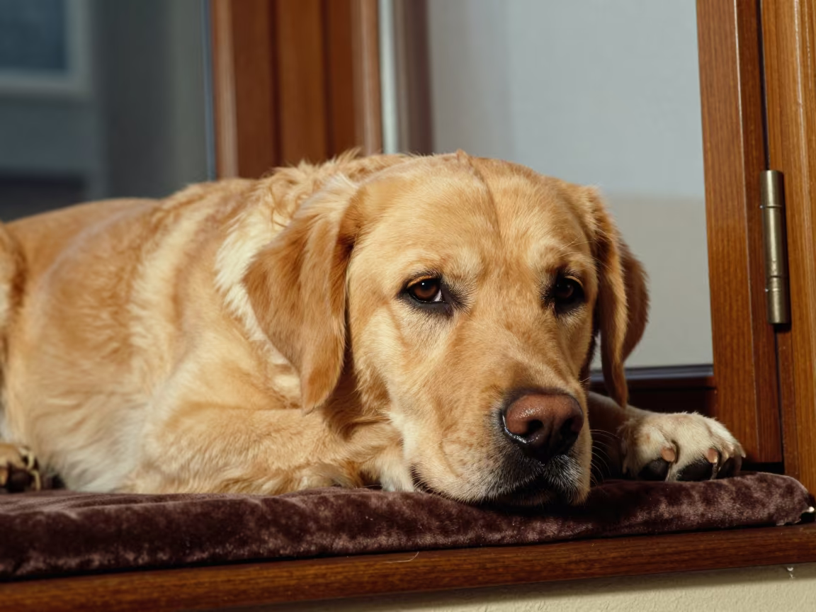 Golden Labrador Resting on Varna Window Seat in on a window seat in a quiet apartment with soft side light near Varna