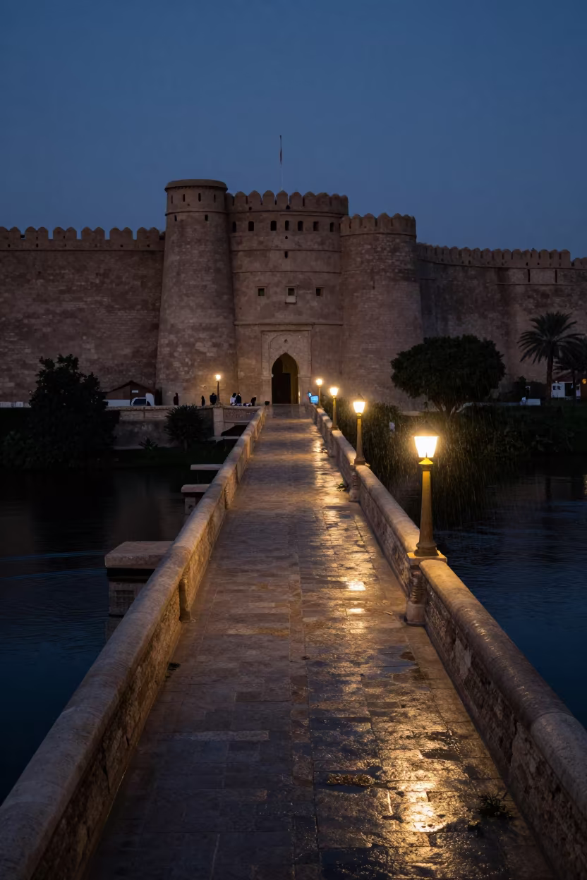 Golden Lamps Bridge Over Dark River Egypt Fortress in outside a wind-scoured fortress wall in Egypt