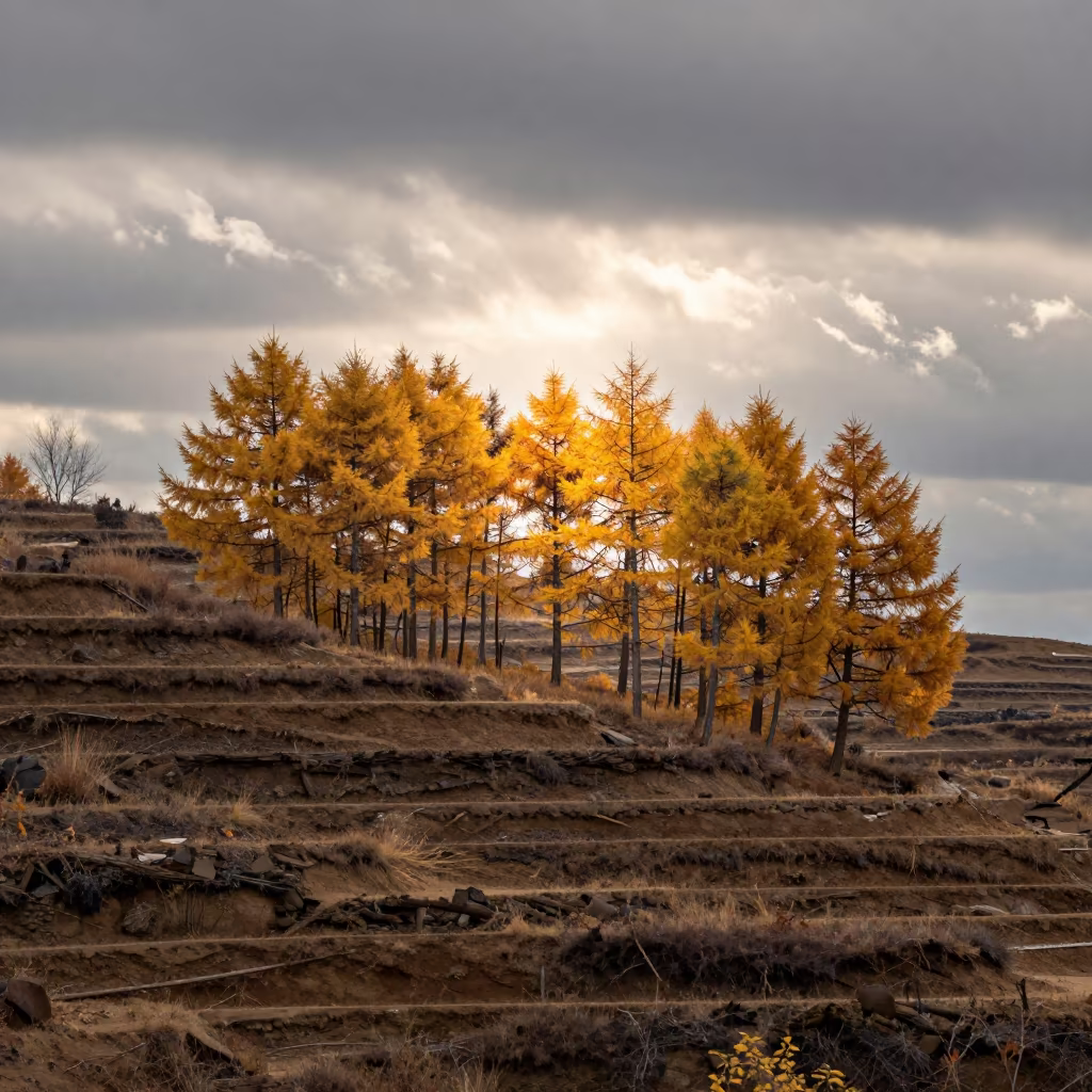 Golden Larch Grove in Terraced Garden in among terraced garden plots near Changchun
