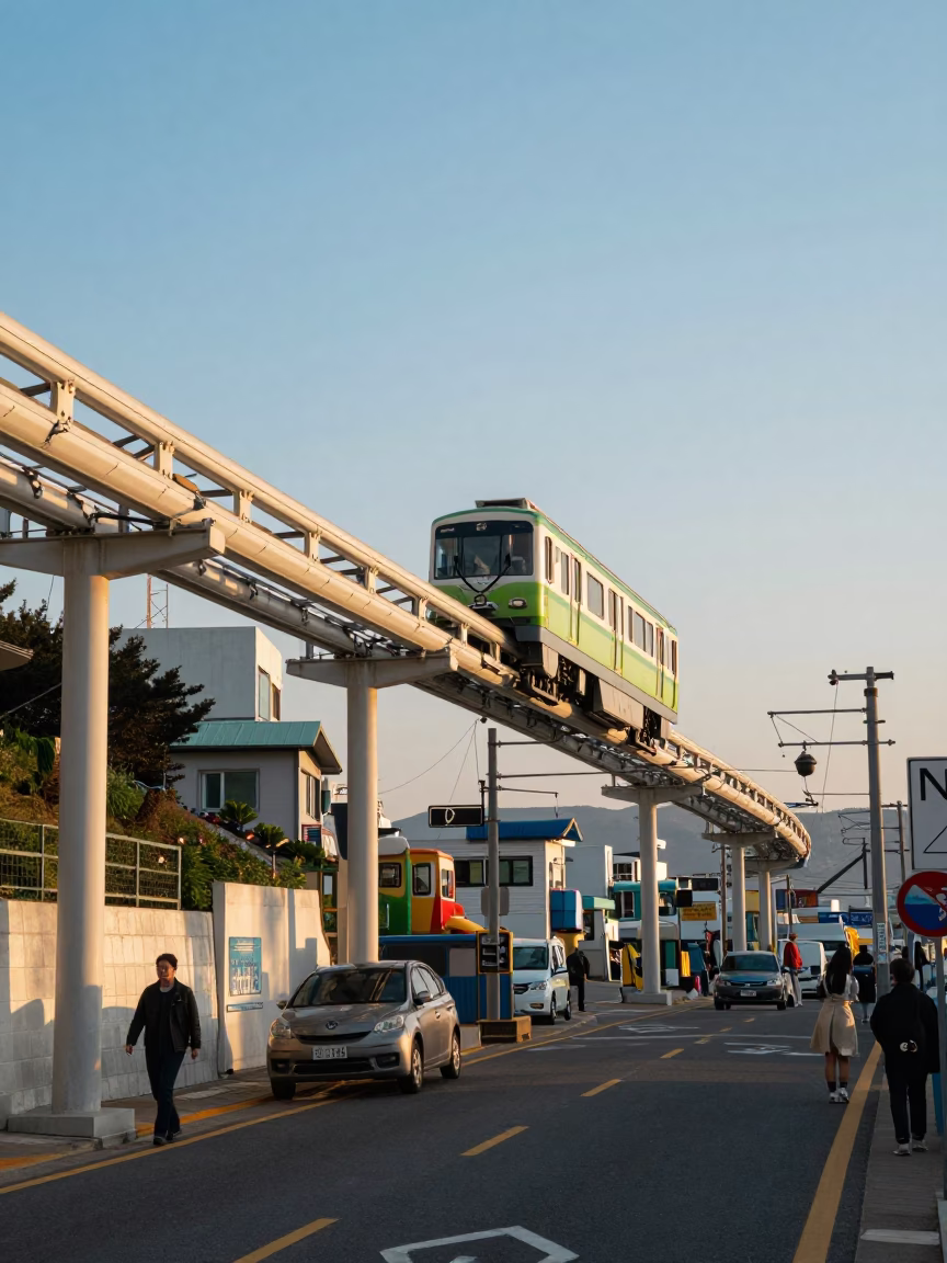 Golden Late Afternoon Light on Busan Street with Monorail and Local Life in in Busan, South Korea